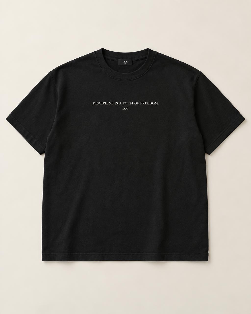 discipline-tee — Laid flat, one line set high on the chest