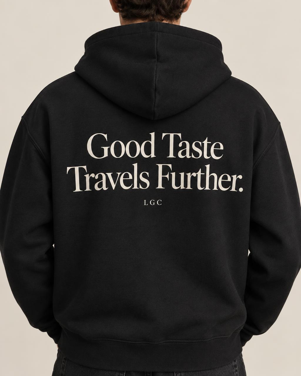 good-taste-hoodie — Worn, back view, printed in off-white