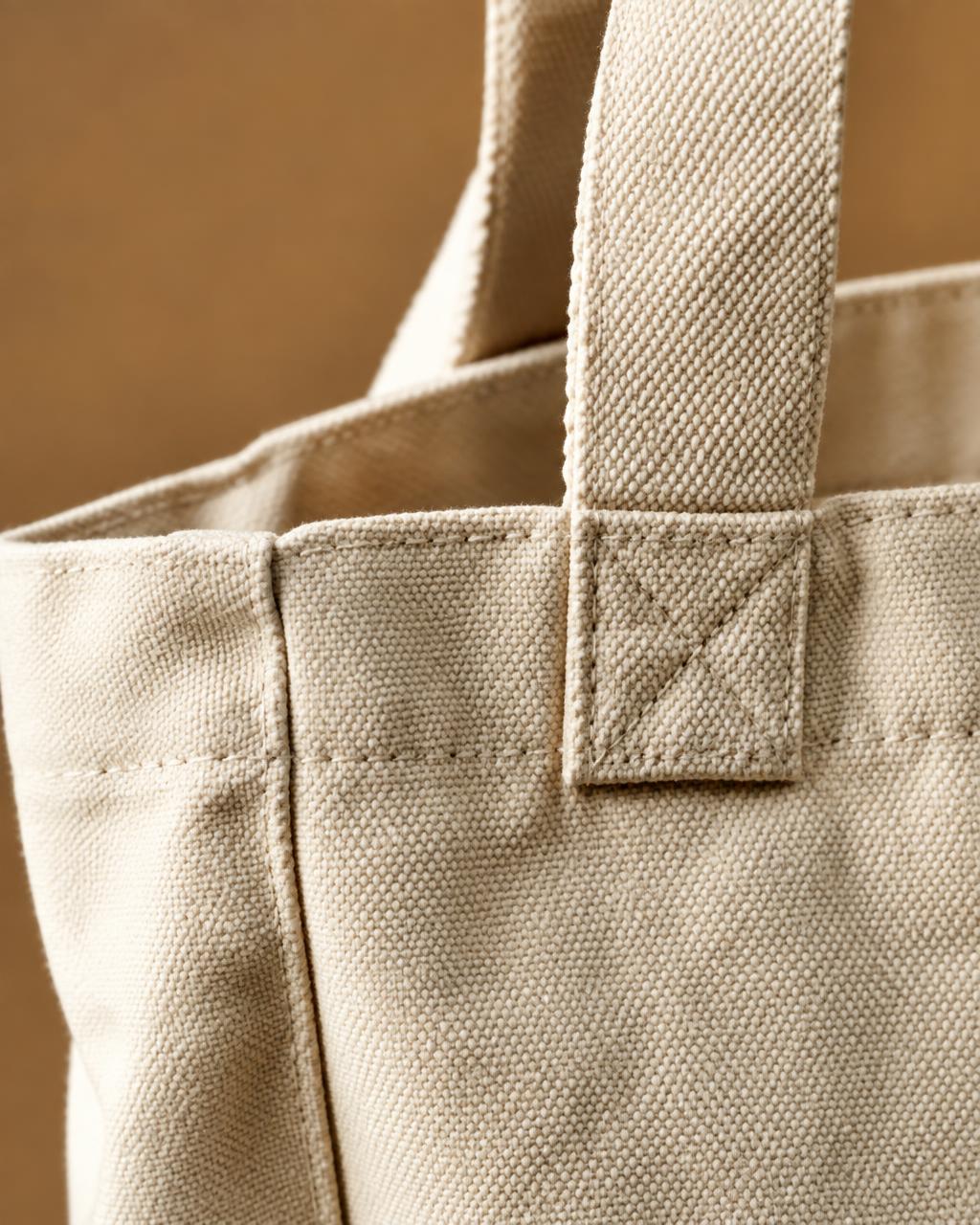 The bar-tacked handle and canvas weave, close
